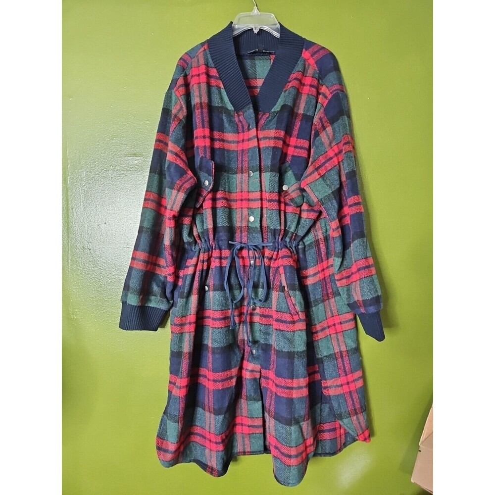 Plaid Drawstring Trench Coat - Green & Red
